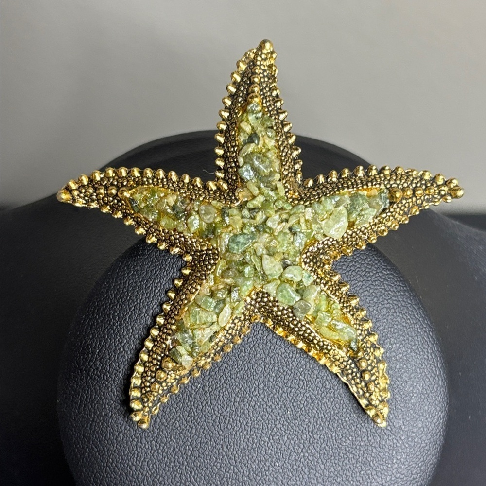 Vintage Gold and Green Chip Bead Starfish Brooch